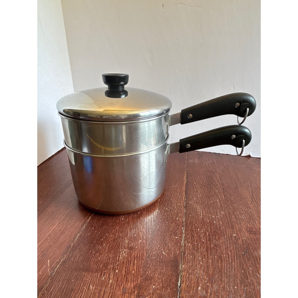 Vintage Revere Ware Copper Bottom Double Boiler 2 Piece Set with Lid Stainless